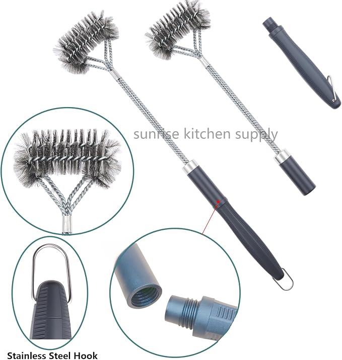 SUNRISE Fryer Brush with Long Handle (Stainless Steel with Plastic Handle, L, Double Brush, and Rubber Handle Cleaning Rod)