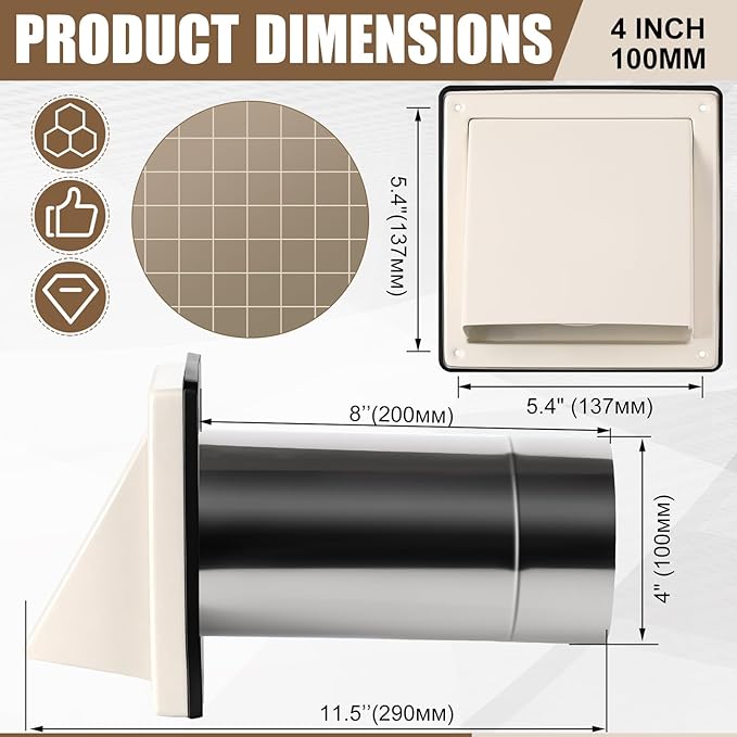Gisafai 4" Outside Dryer Vent Cover for Exterior Walls Exhaust Vent Cap with Removable Extension Pipe Stainless Steel Hood Cushioned Non Return Flap with Sealing Gasket Grille Screen, Tan