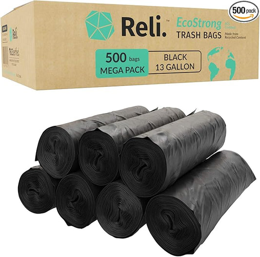 Reli. EcoStrong 13 Gallon Trash Bags | 500 Count Bulk | Black | Eco-Friendly | Made from Recycled Material