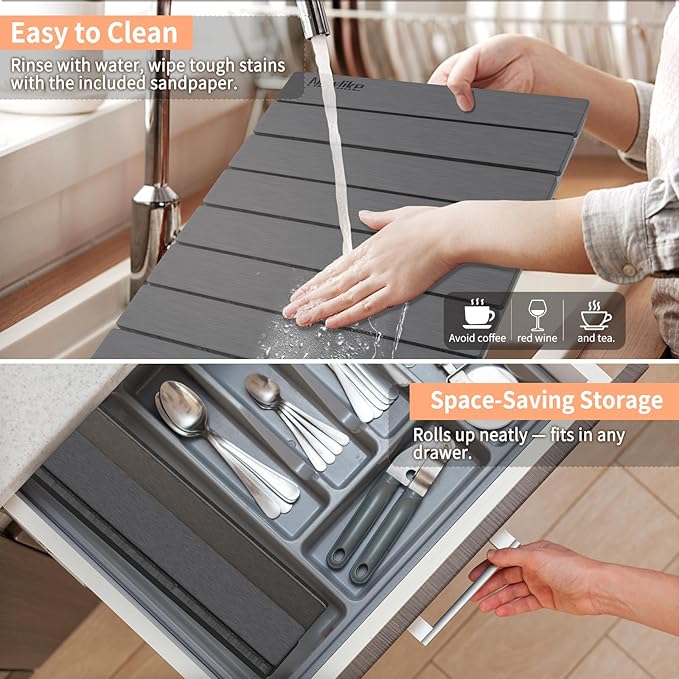 HotFox Dish Drying Mat for Kitchen Counter – Quick Dry Stone Drying Mat, Foldable Diatomaceous Earth Pad, Non-Slip Kitchen Sink Drying Mat, Large Fast Drying Stone Mat for Dishes, Coffee Maker, Grey