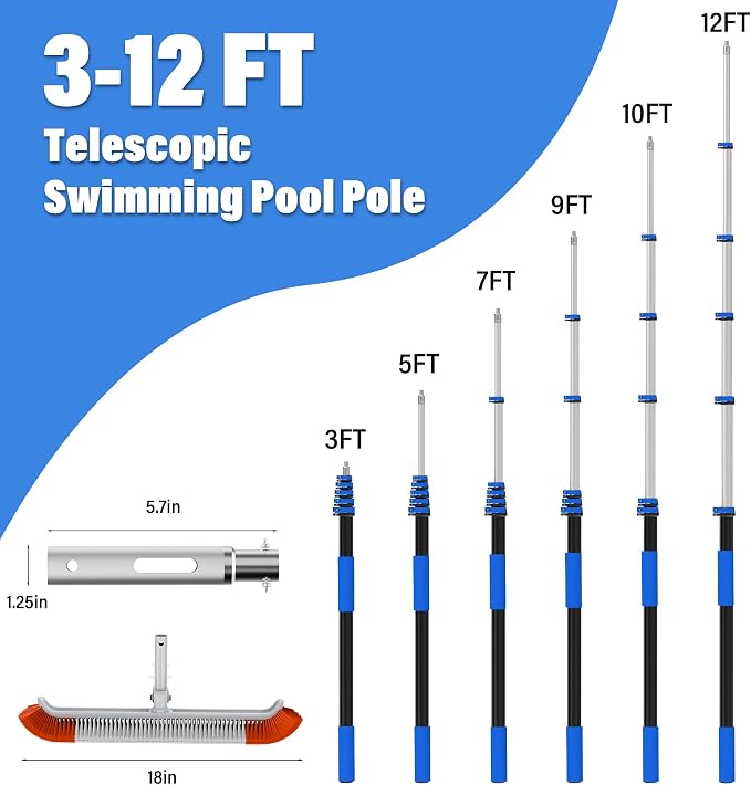 Pool Brush with 3-12FT Telescopic Pole, 18" Swimming Pool Cleaning Brush, Flip & Screw Dual Lock Adjustable Pole for Pool Wall Tile Floor Cleaning