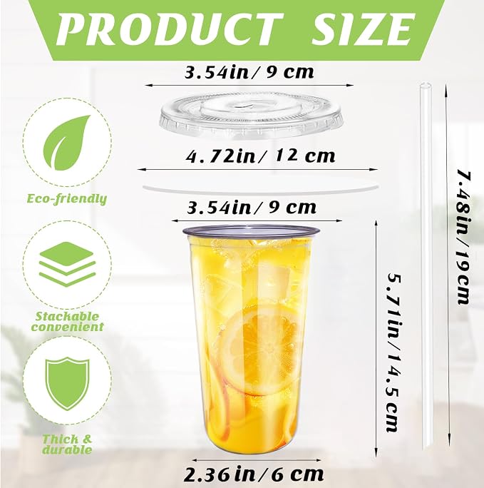 20oz Disposable Stemless Glasses with Flat Lids and Straws,PET Disposable Drinking Cups,Clear Plastic Wine Glasses for Parties Birthday,Wedding,Meeting,Christmas Party Supplies. (50, Transparent)