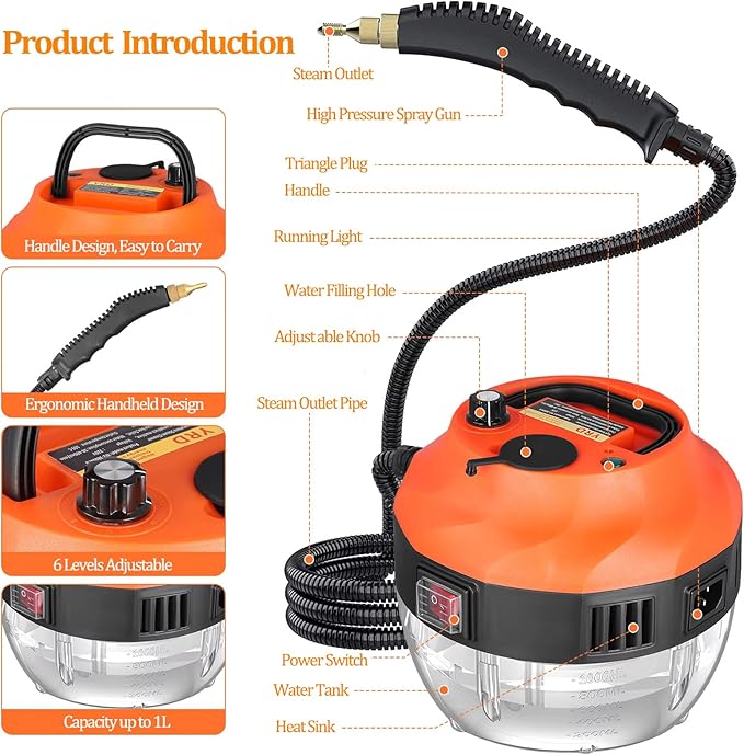 Steam Cleaner, 2500W High Pressure Handheld Steam Cleaner for Home, Portable Steamer for Cleaning, High Heat Steamer for Car, Upholstery, Kitchen, Bathroom