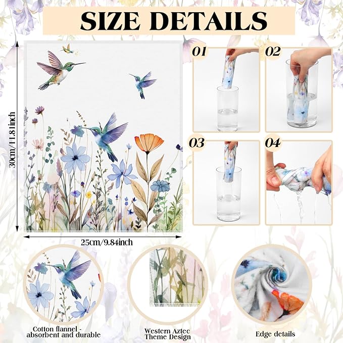 36 Pack Hummingbird Flowers Reusable Cleaning Cloths Washable Cotton Kitchen Towels for Home(Multicolor)