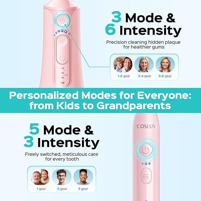 COSLUS C51C30 Electric Toothbrush with Water Flosser Combo: Portable Oral Clean Kit for Teeth Brushing & Flossing, Multiple Modes for Multiple Users, Cordless for Home & Travel Use, Pink