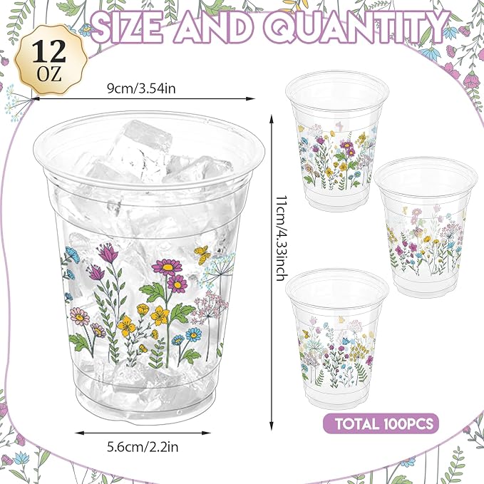 100 Pcs Wildflower Plastic Cups 12 oz Floral Party Cups Vintage Floral Drinking Cup Flower Spring Summer Disposable Cup for Spring Groovy Party Wildflower Baby Shower Birthday Supplies