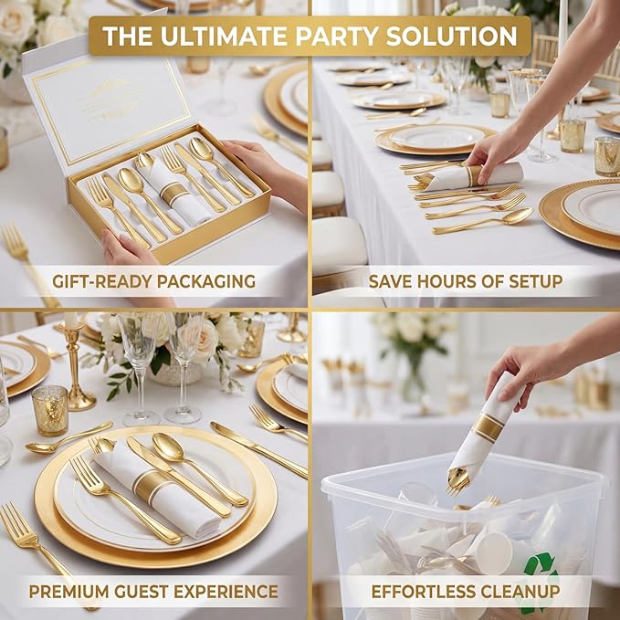 Liacere 100Pack Pre Rolled Gold Silverware and Napkin-Disposable Gold Plastic Utensils-Wrapped Plastic Cutlery Set with Napkin:100 Forks,100 Knives,100 Spoons,100 Napkins for Wedding & Party