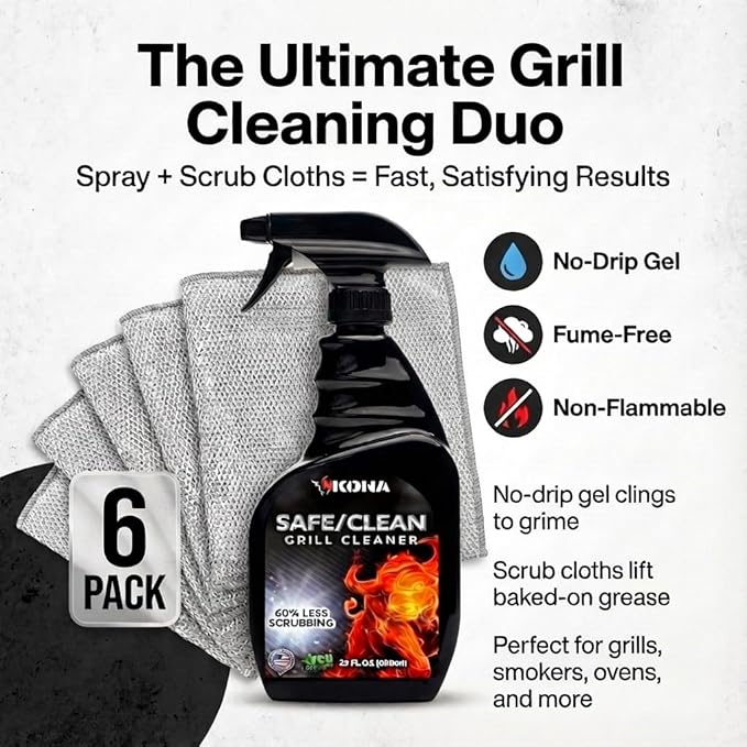 Kona Safe/Clean Air Fryer Cleaner and Degreaser Kit for Ninja Woodfire Grill, Smoker and Oven - 23oz Fume-Free No-Drip Gel Spray with 6 Stainless Steel Scrub Cloths