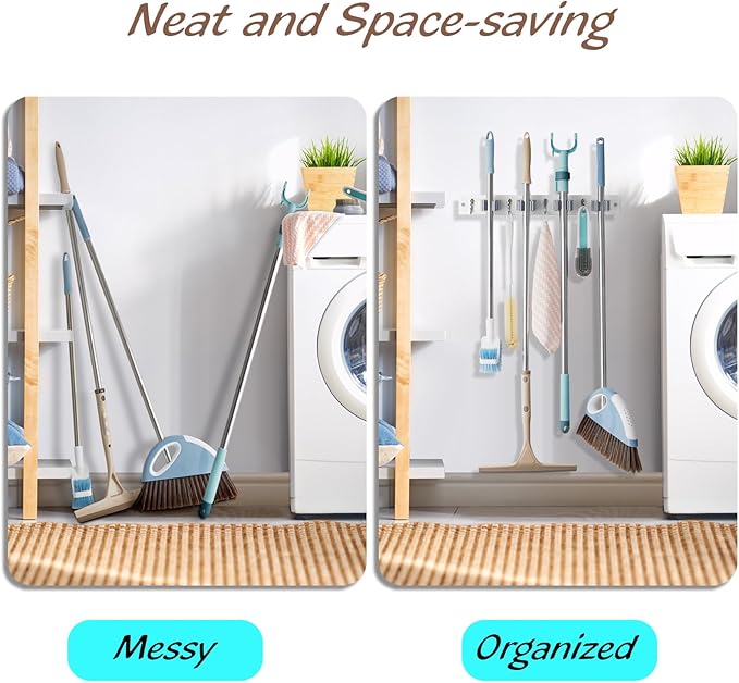 OUTNILI 2 Pack Mop Broom Holder Wall Mount - White Wood Broom Mop Hanger - Wall Mounted Garden Tool Rack Organizer for Closet Garage Laundry Room, 4 Slots & 4 Hooks