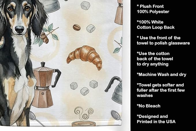 Caroline's Treasures Black and Tan Saluki Coffee Bar Kitchen Towel Velour Plush Front and Cotton Loop Back Machine Washable