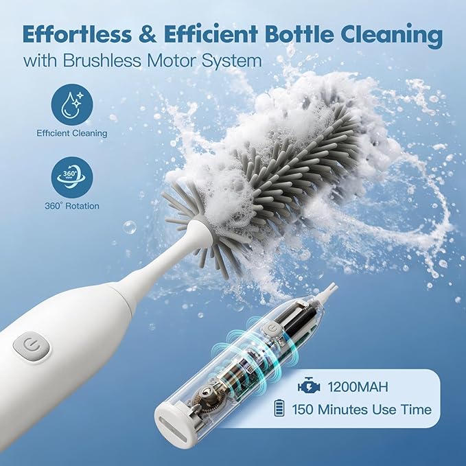 IvyWind Electric Bottle Brush Cleaner with Storage Bag, Electric Baby Bottle Brush Set with Silicone Bottle/Nipple/Straw Brush Soap Dispenser and Bottle Drying Rack for Home and Travel, White