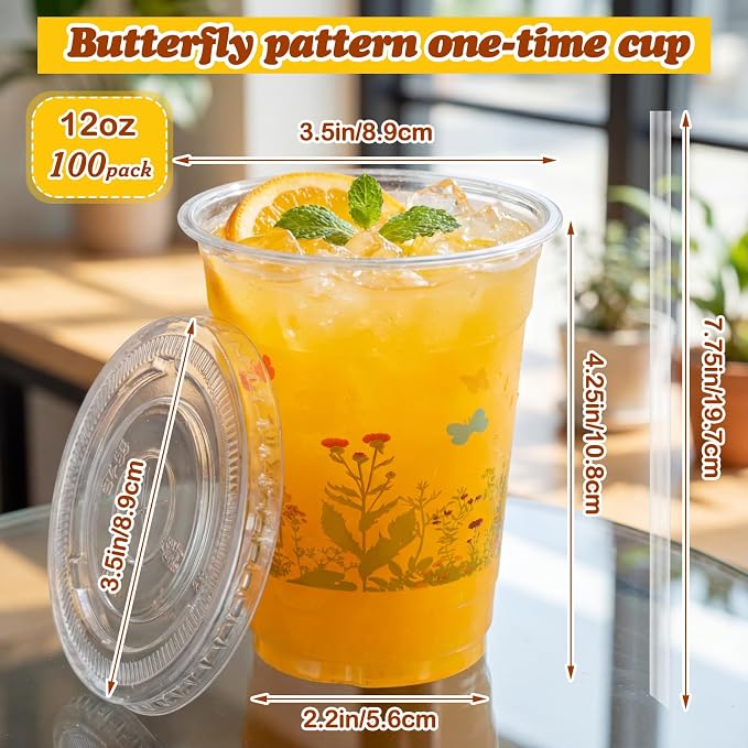 Vesici 100 Pcs Floral Plastic Cups 12 oz Floral Botanical Clear Spring Disposable Cups with Lid and Straws for Spring Summer Birthday Wedding Bridal Baby Shower Party Supplies(Wildflower)