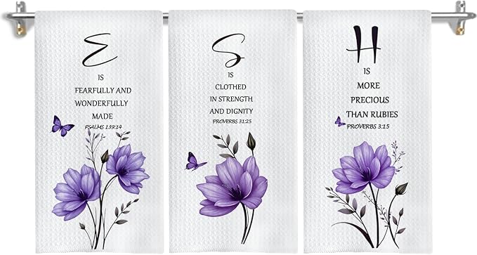 Purple Floral Christian Kitchen Towels, Inspirational Bible Verses Hand Towels for Bathroom Decor, Christian Gifts for Women, Religious Decor Dish Tea Towels for Kitchen, 16x24 Inch Set of 3