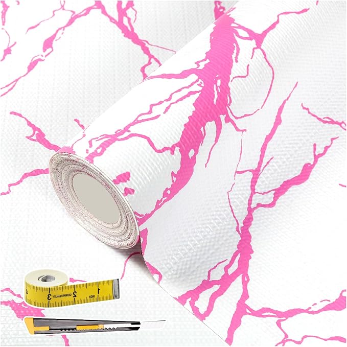 Pink Marble Pattern Shelf Liner, Non-Adhesive Non-Slip Thickened Drawer Liner, Easy to Clean Contact Paper for Kitchen Cabinets, Tool Box, Refrigerator, Includes Knife & Tape Measure.12×236.22inch