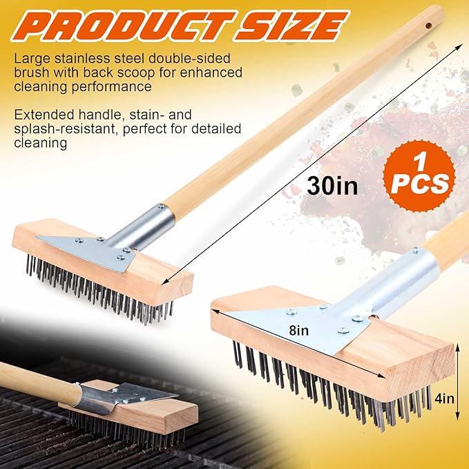 1 Pcs Stainless Steel Grill Brushes, Commercial Grill Scraper with 30'' Long Wooden Handle Oven Charbroiler Cleaning Brush for Outdoor Kitchens BBQ Restaurants