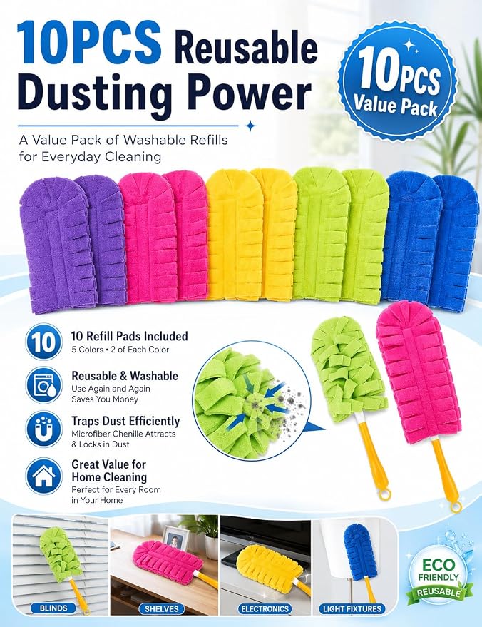 Duster Refills Damp Reusable Microfiber Pads Bendable Chenille Replacement Heads Dust with Removable Washable Cloth Covers with Extended Handle Fleece for Cleaning Dry Heavy Duty