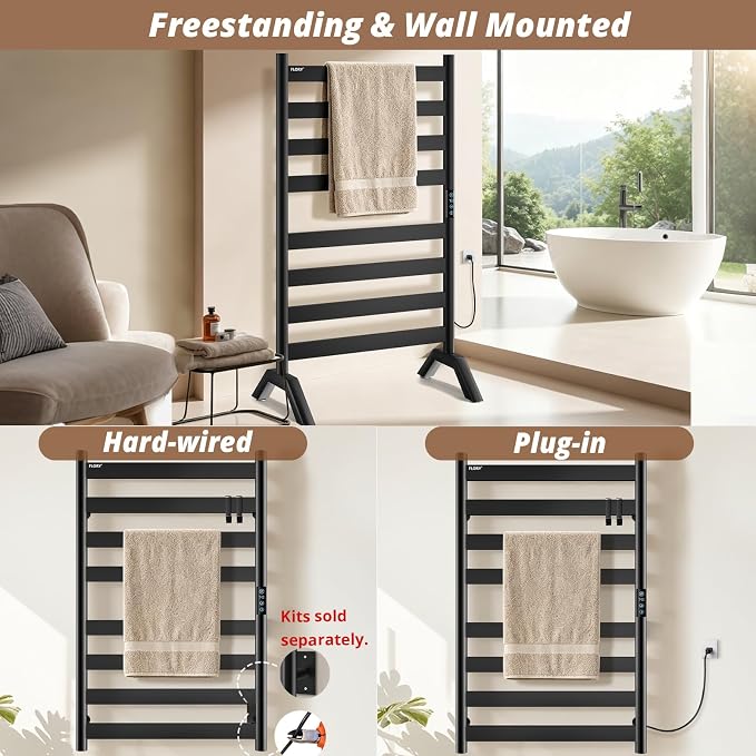 R FLORY Heated Towel Racks for Bathroom Freestanding & Wall Mounted, WiFi-Enable Electric Towel Warmer Rack, Extra-Wide Heating Area Fast Heating with Timer & Temperature Control, 8 Bars, Matte Black