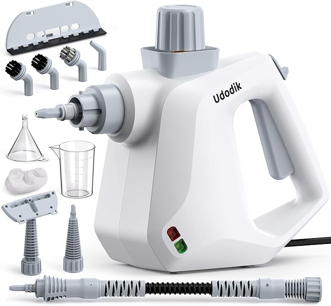 Handheld Steam Cleaner, versatile and portable design, comes with a safety lock and a 10-piece accessory set to easily remove dirt and grease (white).