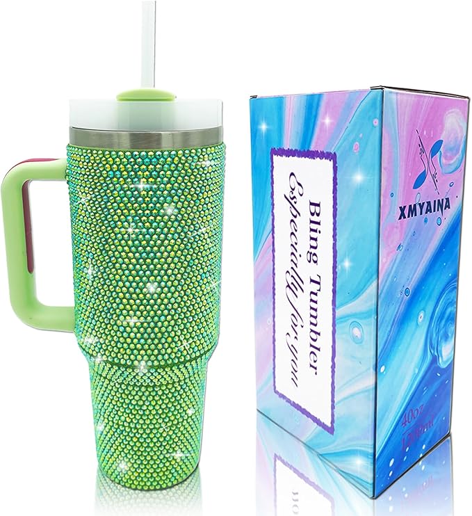 40oz Bling Tumbler with Handle and Straw Lid Rhinestone Studded Tumbler Cups Vacuum Insulated Stainless Steel Double Wall Water Bottle Travel Mug Gifts for Women Her (Green)