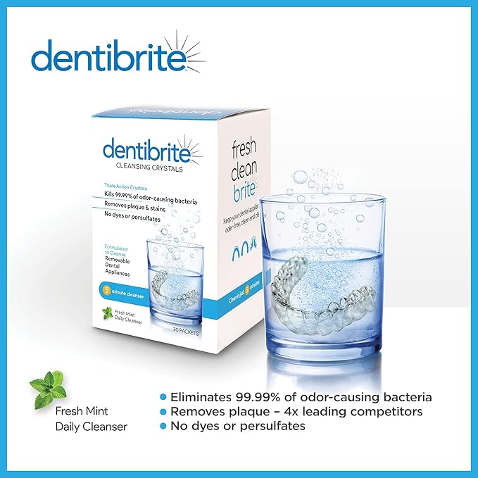 Crystals Cleaner for Removable Dental Appliances - Invisalign Aligners, Retainers, Guards, Dentures, Trays/Aligners - Odor Remover - No Persulfates or Dyes - 30ct - Made in USA