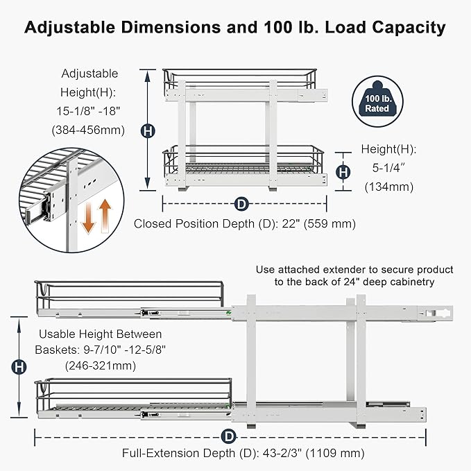 2 Tier Pull Out Cabinet Organizer - 20" W x 22" D Soft Close Slide Out Shelves with Shelf Liners - Pullout Drawers for Kitchen Cabinets, Pantry, Bathroom, Heavy Duty Steel Wire Baskets