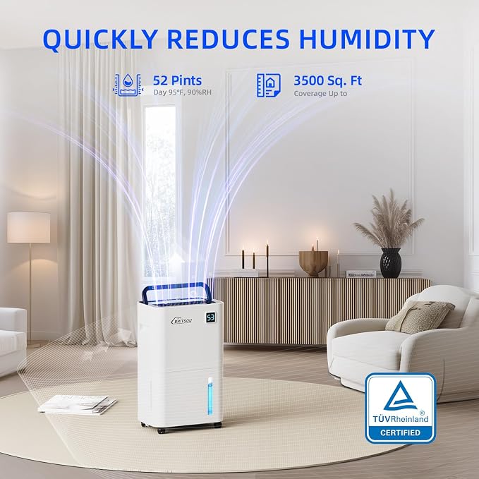 50 Pints Dehumidifier for Basement and Bedroom, Covers 3500 Sq.Ft with Drain Hose, Smart Operation with 3 Modes - Ideal for Home, Bathroom, Garage.