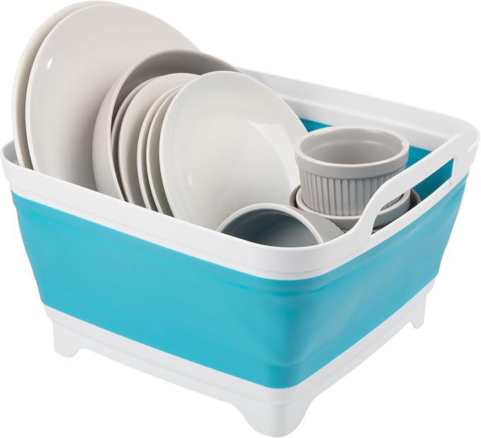 Collapsible Wash Basin - 9L Portable Sink with Drain - Plastic Tub Dish Pan for Camping, Handwashing Laundry, or Dishes by Wakeman Outdoors (Blue)