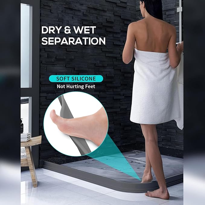 Hi-Na 3ft/5ft/6ft/8ft10ft Collapsible Shower Threshold Water Dam Water Barrier for Shower and Water Stopper Keeps Water Inside Water Threshold for Wet and Dry Separation (3ft, Grey)