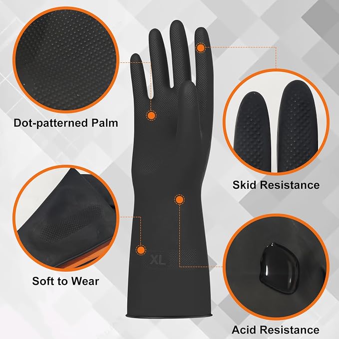 Beieverluck 10 Pairs Chemical Resistant Gloves, Reusable Heavy Duty Rubber Work Gloves with Textured Palm, Black Cleaning Dishwashing Gloves, X-Large