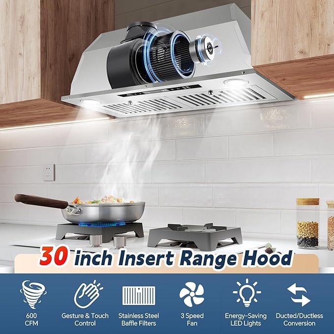 Range Hood Insert 30 inch, Ducted/Ductless Range Hood with Gesture Sensing & Touch Control, Built-in Kitchen Hood 600CFM, 2 Pcs Stainless Steel Baffle Filters