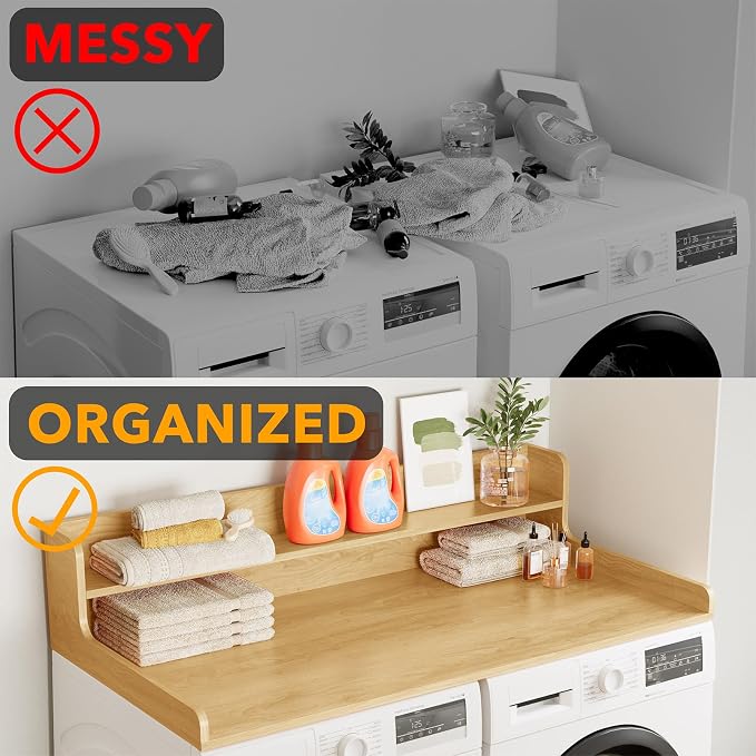 SpaceAid Washer Dryer Countertop with 2-Tier Shelf, Wood Topper with Edge, 54" Width x 27.5" Depth Cover Organizer Guard for Washer and Dryer Counter Laundry Hamper Storage (Maple Wood)