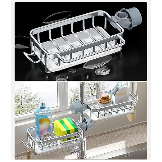 Kitchen Sink Faucet Organizer, Left Sponge Holder Over Faucet Sink Caddy with Drip Tray, Detachable Hanging Faucet Drain Rack for Scrubbers, Soap, Bathroom, Fits 0.7-1.1in Round Pipe (Silver)