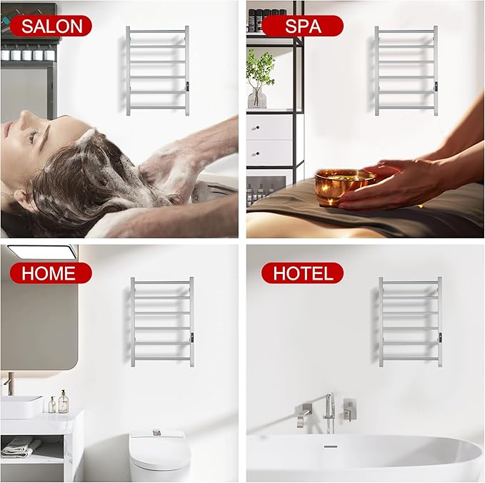 Heated Towel Racks for Bathroom, Wall Mounted Electric Towel Warmer Racks with Timer & Temperature Control, Stainless Steel Towel Heater for Bathroom (Square-Brushed 6 Bars)