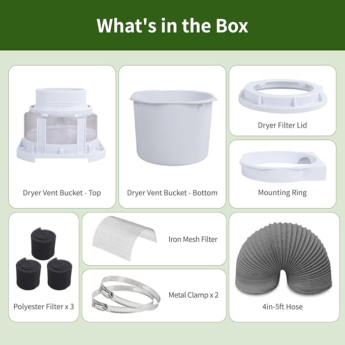 2026 Exclusive 3-in-1 Indoor Dryer Vent Kit - Dryer Lint Catcher Box Water Filter Bucket - Indoor Dryer Lint Trap for Electric Dryer for Apartment (White Dryer Vent Box with Gray Hose)