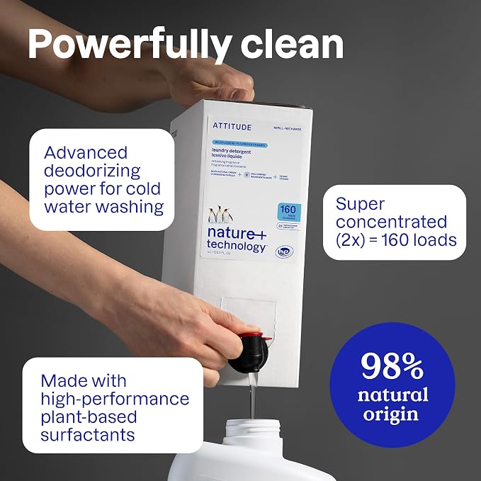 ATTITUDE Liquid Laundry Detergent Refill, EWG Verified, HE Compatible, Plant-Based & Vegan, Natural Laundry Soap, Mountain Fresh Scent, 160 Loads, 135.26 Fl Oz