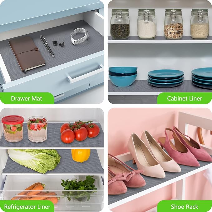 Shelf Liners for Kitchen Cabinets Refrigerator Liners Waterproof Kitchen Cupboard Liner Non-Slip Drawer Mats EVA Material Non Adhesive Fridge Mats for Shelves - Gray 17.5 x 393.7 Inches