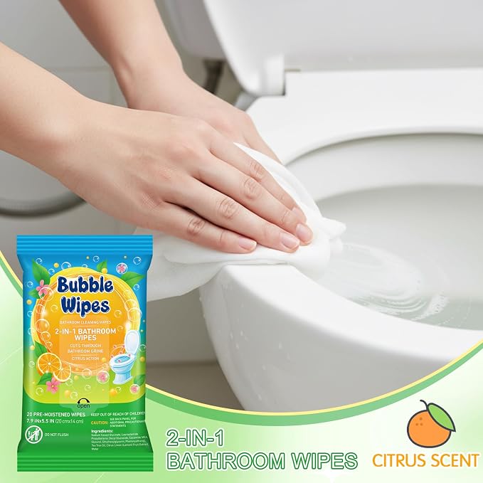 10-pack Bathroom Cleaning Wipes 100/200 Count 2-in-1 Citrus Scent Wipes Cleaner for Bathroom Toilet, Sink, Tile & Shower -Reusable Sealable Pouch, No Scrubbing Needed