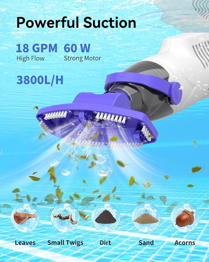 2026 Upgraded Cordless Handheld Pool Vacuum, 3800L/H Strong Suction Spa Vacuum with 5000mAh Battery, 3-Head Cleaning System & Fine Filter for Pools, Hot Tubs, Spas & Steps, White