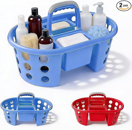 SIMPLYKLEEN Large Shower Caddy Portable 2PC - Made in USA Plastic Jumbo Size Dorm Storage Candy Tote with Handle Shower Organizer for Bathroom, Pantry, Kitchen, College Dorm, Red/Periwinkle