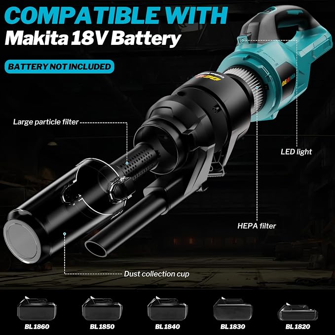 Cordless Vacuum Cleaner for Makita 18V Battery, 6 in 1 Handheld Electric Vacuum Cleaner with HEPA Filter and LED Light, 46 CFM Portable Hand Vacuum for Floor, Carpet, Car (Battery Not Included)