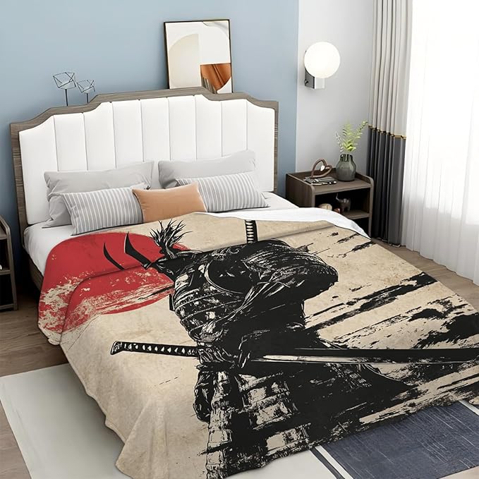 Tijuboni Japanese Samurai Throw Blanket Japanese Warrior Gifts for Men Women Girls Boys Kids Adults Soft Flannel Fleece Blanket for Couch Sofa Bed Home Decor 50"x60"