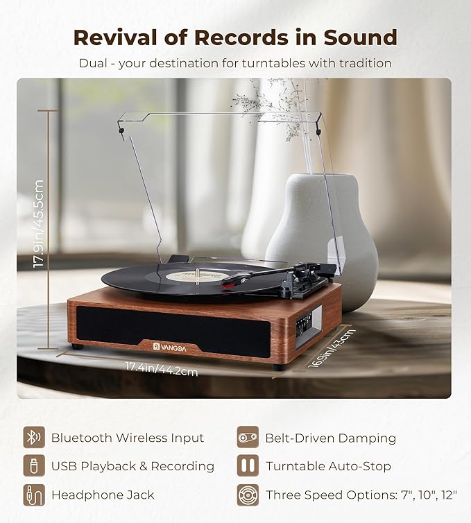Vangoa Vinyl Record Player with Bookshelf Speakers Bluetooth Vintage Turntable for Vinyl Records Belt-Drive 3 Speed Portable LP Players Wooden Vinyl Players Auto Stop with Cleaning Kits, Brown