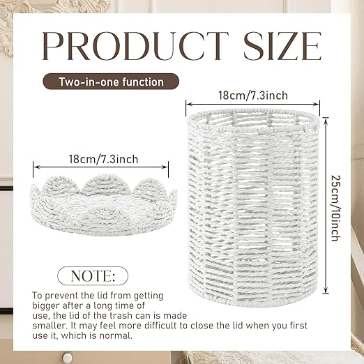 Ctosree 1.3 Gallons Small Wicker Trash Can with Lid Handle Woven Wicker Rattan Bathroom Waste Basket Boho Trash Basket with 100 Plastic Garbage Bags for Bedroom Office Laundry (Scalloped Style, White)