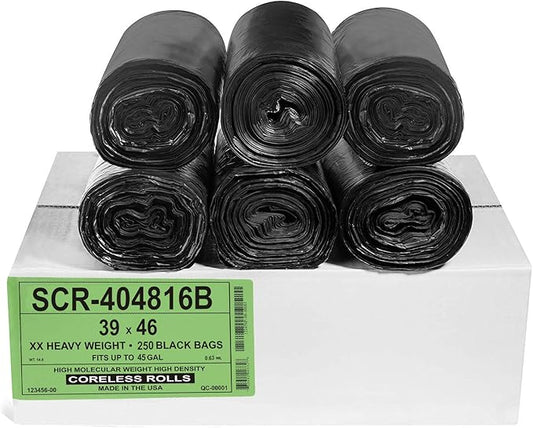 Aluf Plastics 45 Gallon 16 Micron (eq) Black Trash Bags - 39" x 46" for Home, Office, & Bathroom (Pack of 250)