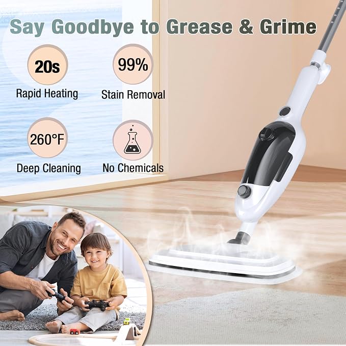 11-in-1 Steam Mop, Powerful Handheld Steam Cleaner for Home with 23FT Cord &15.2 OZ Water Tank, 3 Steam Modes MultiPurpose Steam Mop for Hardwood Floors, Clothes, Tile, Windows, Carpet