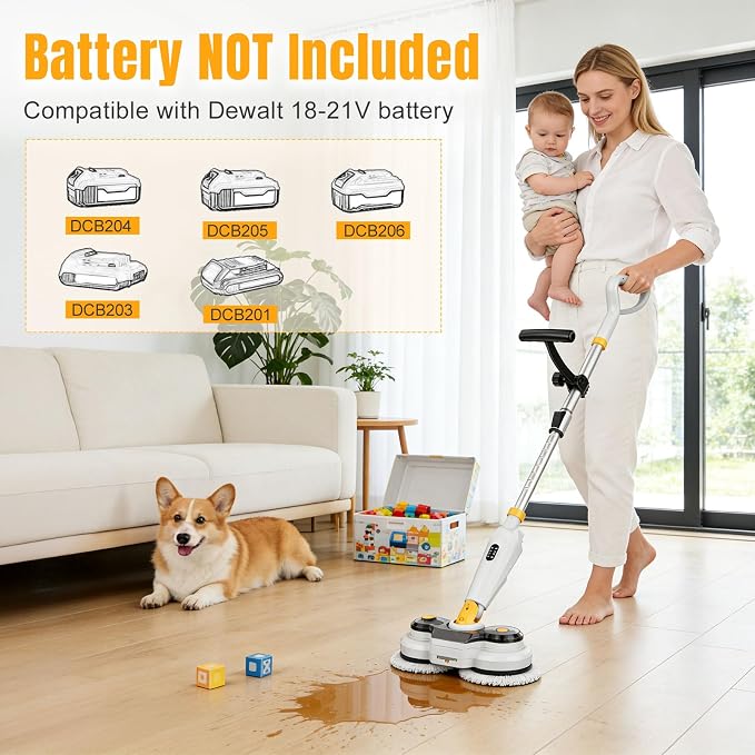 Cordless Electric Mop for Dewalt 20V Battery (NO Battery), 2 in 1 Electric Spin Mop & Electric Floor Scrubber Machine with LED Light & Water Spray,800 RPM Electric Mops for Floor(White)