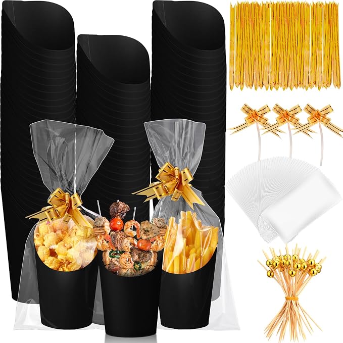 Bokon 100 Set 14 oz Charcuterie Cup with Stick and Bag, Disposable French Fries Snack Popcorn Dessert Fruit Holder for Birthday Wedding Graduation Party Supplies(Black)