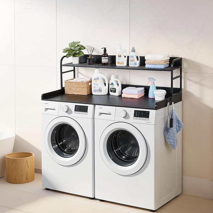 VEVOR Washer Dryer Countertop with Shelf, 54 x 27 in Wooden Washer and Dryer Topper with Shelf and 2 Hooks, Laundry Machine Topper for Laundry Closet Pantry Counter Organization and Storage, Black