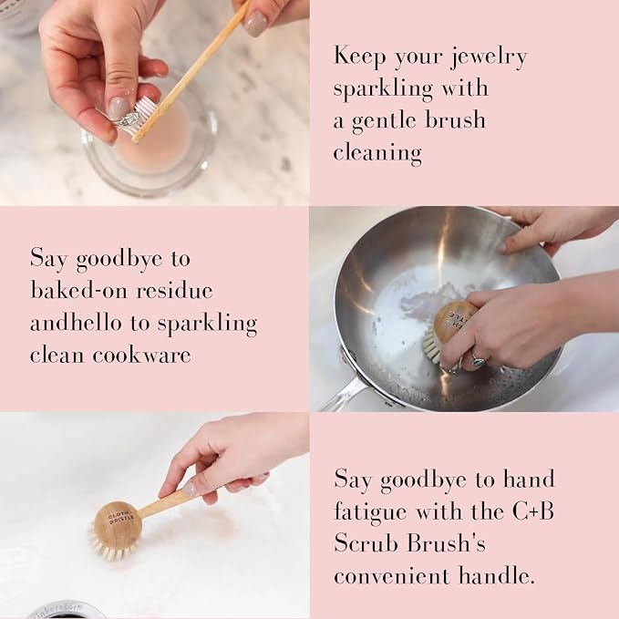 CLOTH & BRISTLE Bamboo Cleaning Brush Combo Set, Versatile Dish Scrub, Pot, and Detail Brushes for Kitchen, Grout, and Household Cleaning, Sustainable Bamboo Handles, Wooden, 197644993802