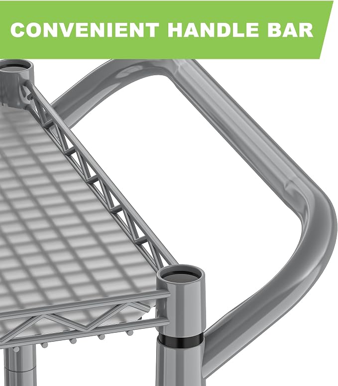 Rolling Utility Metal Carts with Wheels Heavy Duty 1050Lbs Commercial Grade 3 Tier Wire Serving Cart with Handle Bar & Shelf Liner, Storage Trolley for Kitchen Laundry Garage,Gray